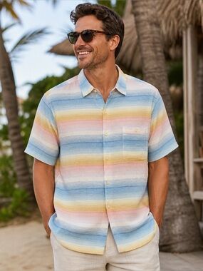 TOMMY BAHAMA SERAPE MULTICOLOR STRIPED SHORT SLEEVE LINEN BLEND SHIRT / XXL